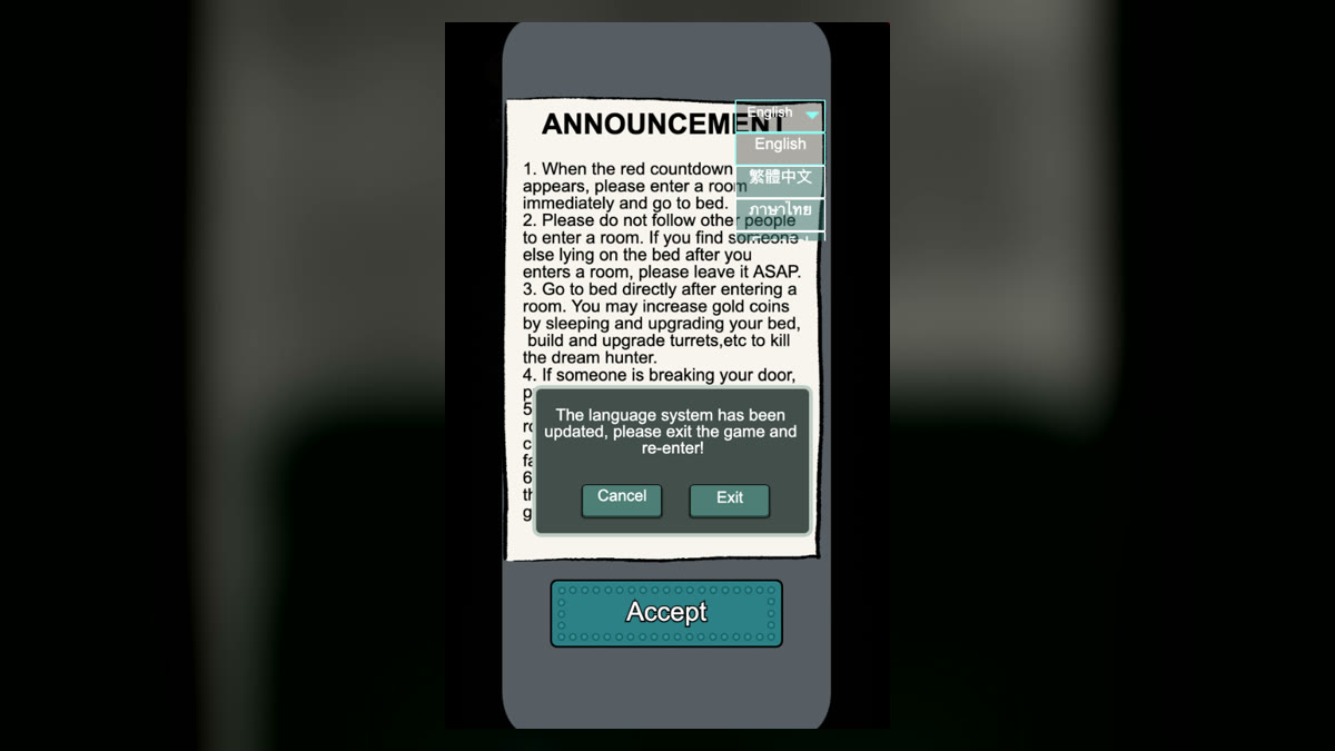 Language menu and restart message